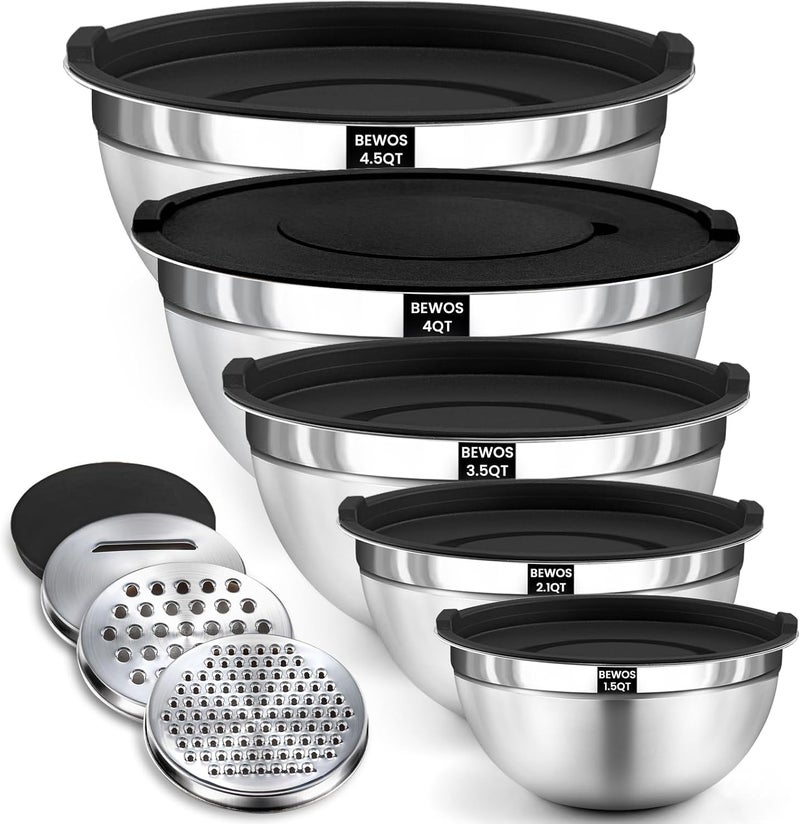 BEWOS Mixing Bowls with Lids Set - 5 Pcs Stainless Steel Mixing Bowls With 3 Grater Attachments, Size 4.5, 4, 3.5, 2.1, 1.5QT Metal Bowls for Baking and Serving (Black) - Image 1